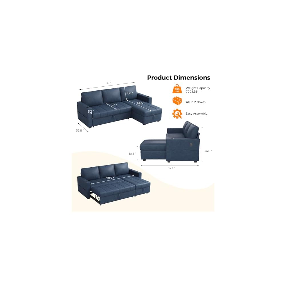 Fadware 89” L Shape Sofa Sleeper, Sectional Sofa Bed with Hidden Storage& Side Pocket, Anti-scratch Faux Leather Couch Bed with ChargePort& CupHolder, Modern Piano Design Pull Out Couch for LivingRoom