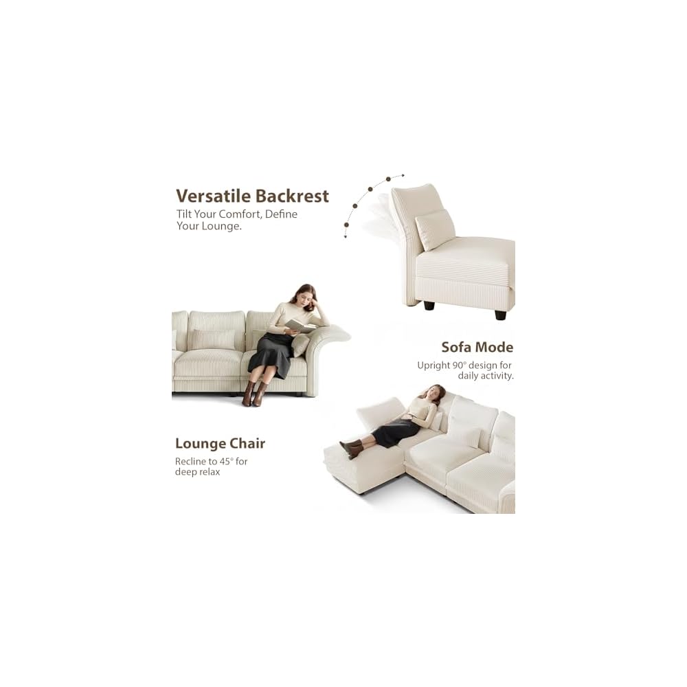 LLappuil 1 Piece Backrest for Modular Sectional Sofa Couch with Adjustable Angle, Interchangeable to Armrest, Carton E, Beige Corduroy