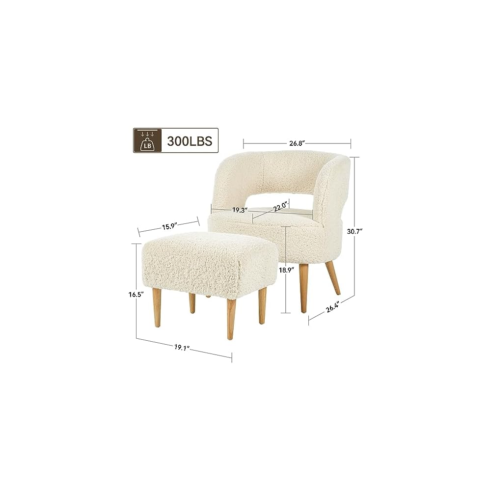 Retraction Built Accent Chair with Ottoman Teddy Fleece Upholstered Armchair Mid-Century Modern Comfortable Chairs and Ottoman Set with Wooden Legs for Living Room, Bedroom(Beige)