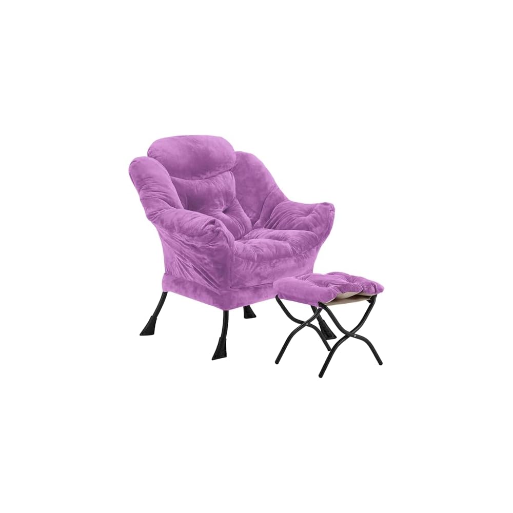 Youtanic Lazy Chair with Folding Ottoman, Accent Chair Velvet Upholstered with Metal Structure and Non-Slip Pads, Sofa Armchair with Footrest and Side Storage Bag for Dorm, Office, Charcoal