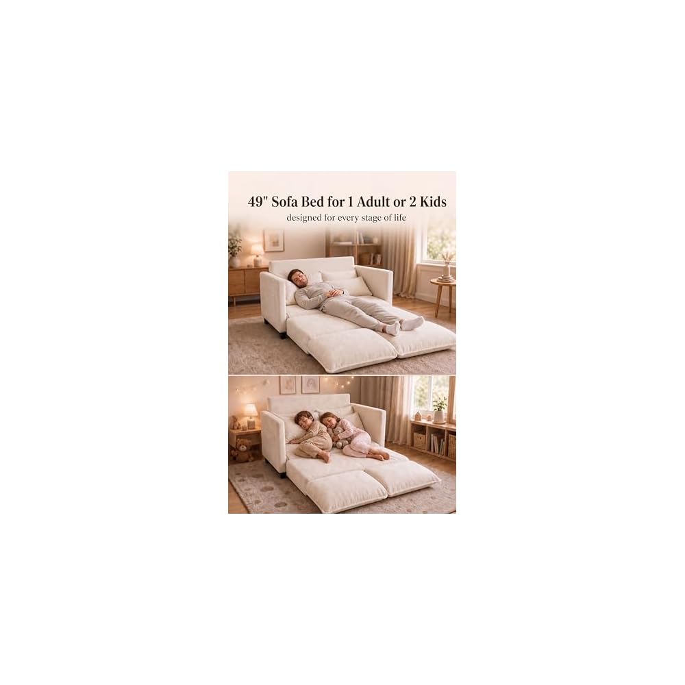 KYJ 49" Loveseat Sofa Bed, Convertible Pull Out Couch with Foldable Mattress, Small Love Seat for Bedroom, Dorm, RV & Apartment, Chenille Fabric, Not Twin Size, Beige