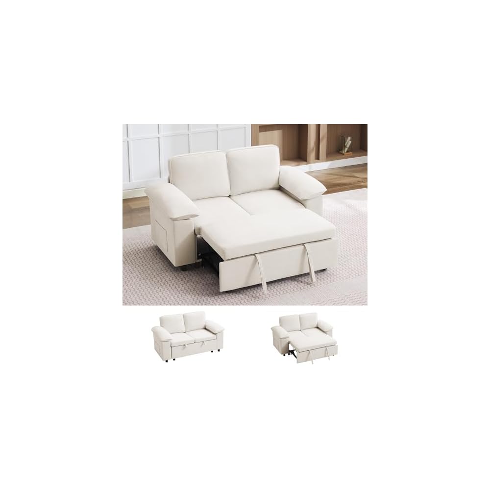 60" Modular Sectional Loveseat Couch with Pull Out Bed, Modern 2 Seater Sleeper Convertible Sofa Bed, Chenille Sectional Love seat Couches for Living Room, Bedroom, Office, Small Apartment，Beige