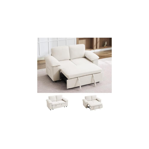 60" Modular Sectional Loveseat Couch with Pull Out Bed, Modern 2 Seater Sleeper Convertible Sofa Bed, Chenille Sectional Love seat Couches for Living Room, Bedroom, Office, Small Apartment，Beige