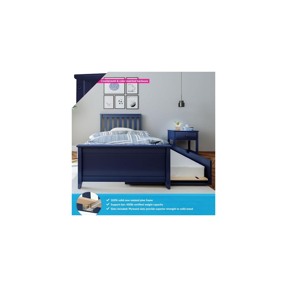 Max & Lily Twin Bed, Wood Bed Frame with Headboard for Kids with Trundle, Slatted, Blue