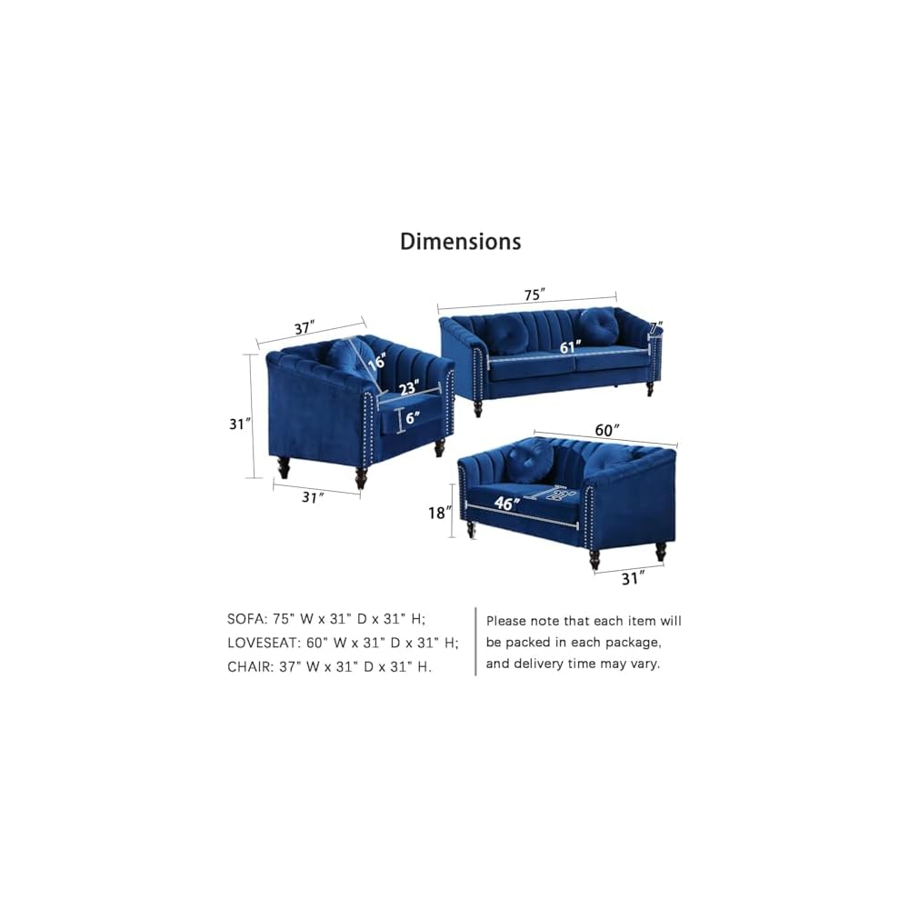 Moderno conjunto de sofá Chesterfield de terciopelo de lujo, sillón de franela, reposabrazos enrollados tapizados para sala de Estar, dormitorio, apartamento (Blue,3 Piece Set)