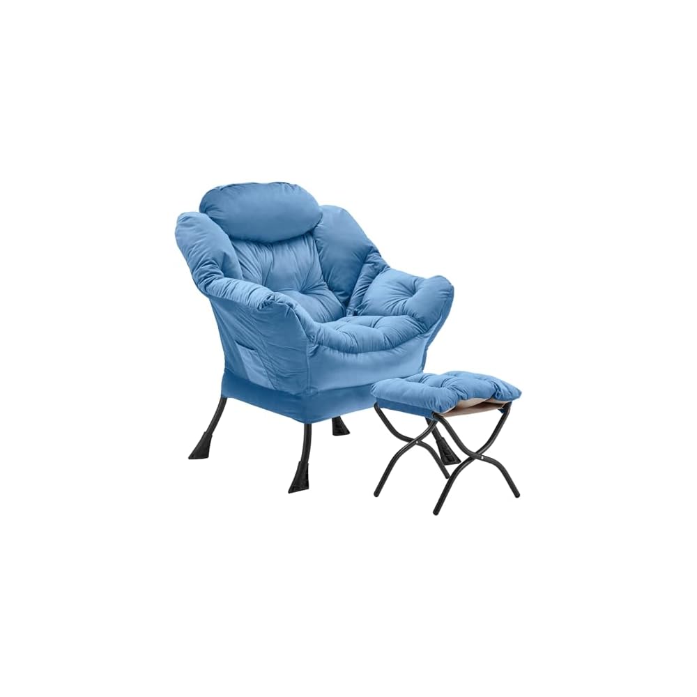 Youtanic Lazy Chair with Folding Ottoman, Accent Chair Velvet Upholstered with Metal Structure and Non-Slip Pads, Sofa Armchair with Footrest and Side Storage Bag for Dorm, Office, Charcoal
