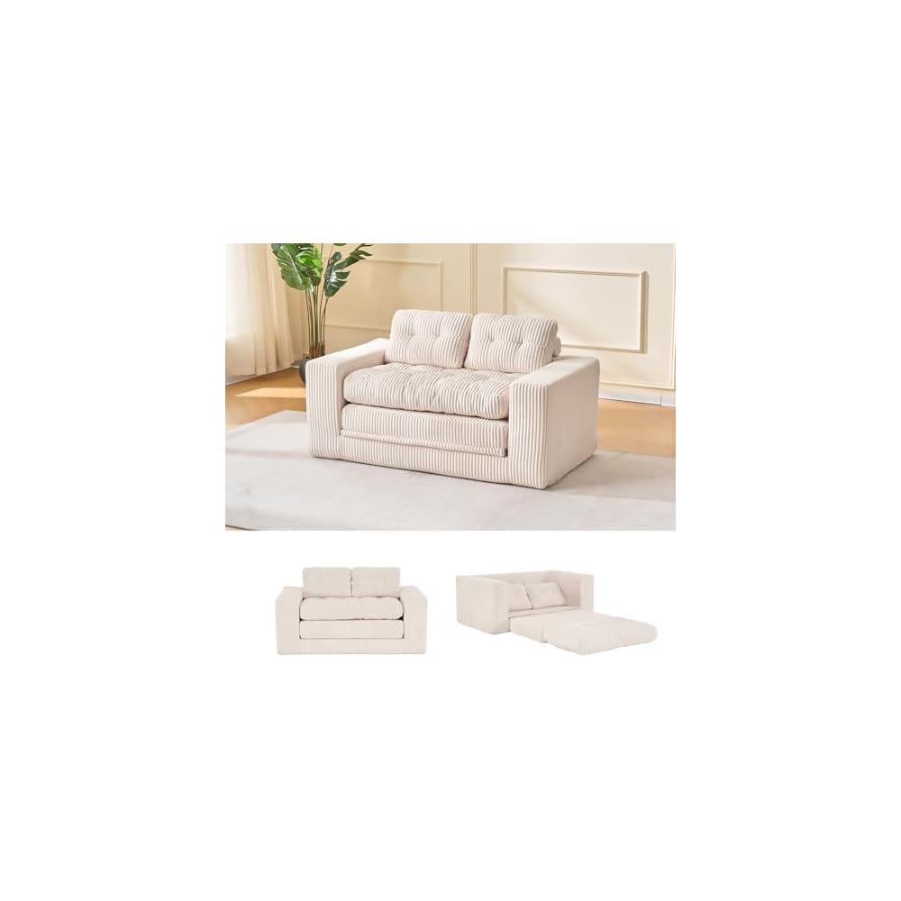 Fefances 55.1”Boneless Sofa Bed, 2-in-1 Convertible Loveseat & Folding Futon Couch, Small Space-Saving Design with Corduroy Fabric, for Living Room, Bedroom, Studio Apartment - Beige