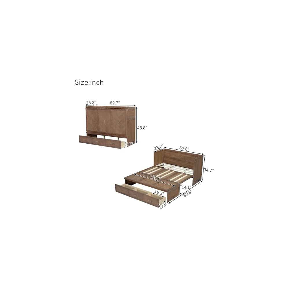 DNYN Queen Size Murphy Bed with Storage Drawer and Built-in Charging Station for Bedroom/Guest Room, Space-Saving Foldable Pine Wood Cabinet Bed with USB Ports, No Box Spring Needed