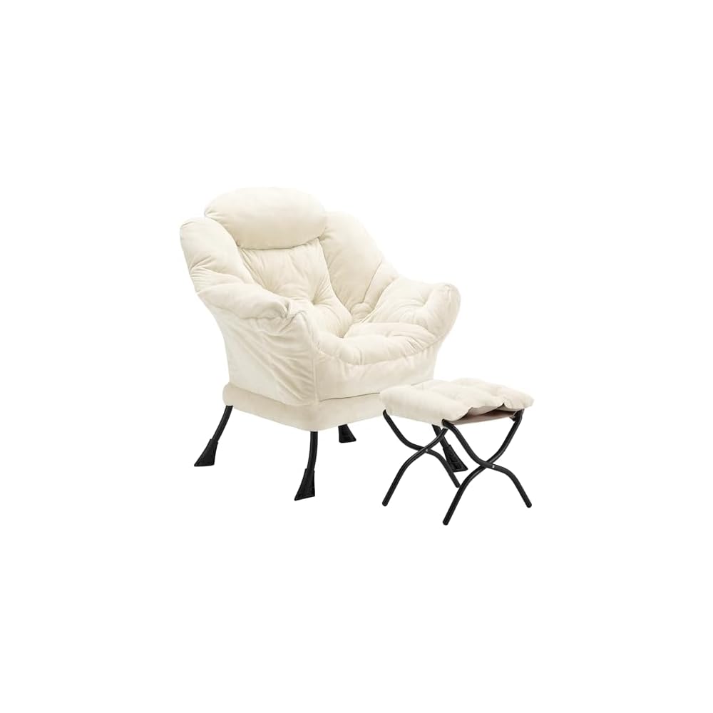 Youtanic Lazy Chair with Folding Ottoman, Accent Chair Velvet Upholstered with Metal Structure and Non-Slip Pads, Sofa Armchair with Footrest and Side Storage Bag for Dorm, Office, Charcoal