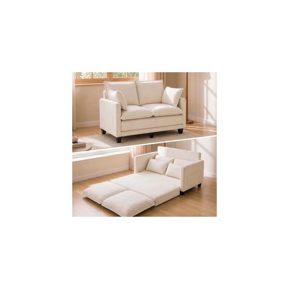 KYJ 49" Loveseat Sofa Bed, Convertible Pull Out Couch with Foldable Mattress, Small Love Seat for Bedroom, Dorm, RV & Apartment, Chenille Fabric, Not Twin Size, Beige