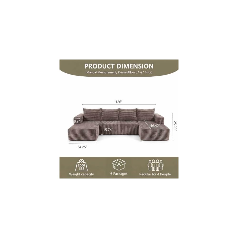 Ivorymoon 126" Boneless U‑Shaped Sectional Sofa for Living Room & Apartment