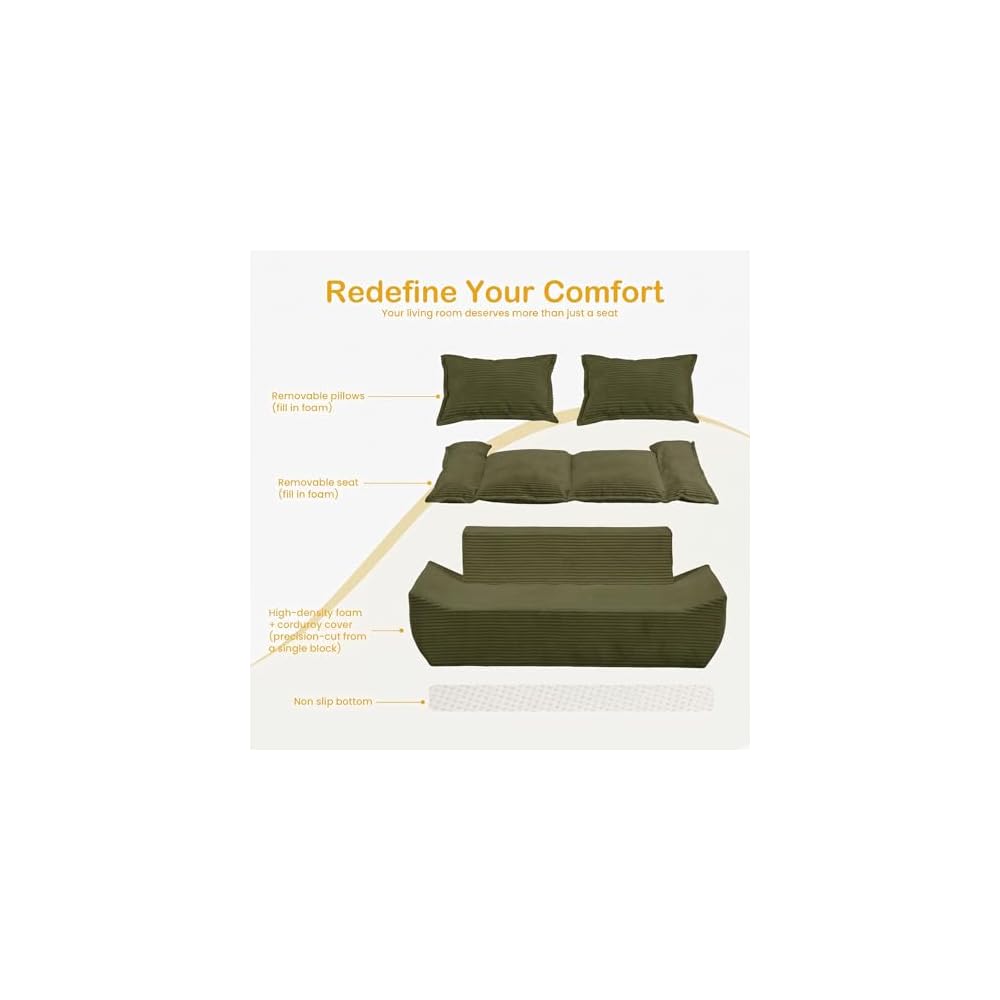 56" Boneless Loveseat, 2-Seater Green Boneless Sofa with Removable Cushions & 2 Pillows, Small Boneless Couch Deep Seat Compress Foam Sofa for Living Room, Apartments, & Office