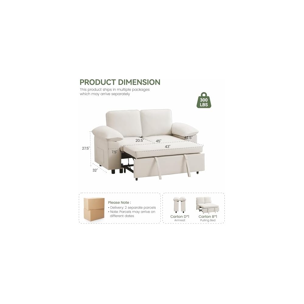 60" Modular Sectional Loveseat Couch with Pull Out Bed, Modern 2 Seater Sleeper Convertible Sofa Bed, Chenille Sectional Love seat Couches for Living Room, Bedroom, Office, Small Apartment，Beige