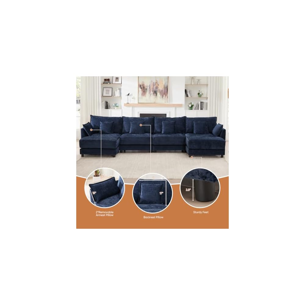 Oversized Chaise Lounge Chair Indoor, Modern Chenille Sleeper Sofa Bed with Pillows, Deep Seat Cloud Couch Reading Chairs, Upholstered Sofas Couches for Living Room, Navy Blue