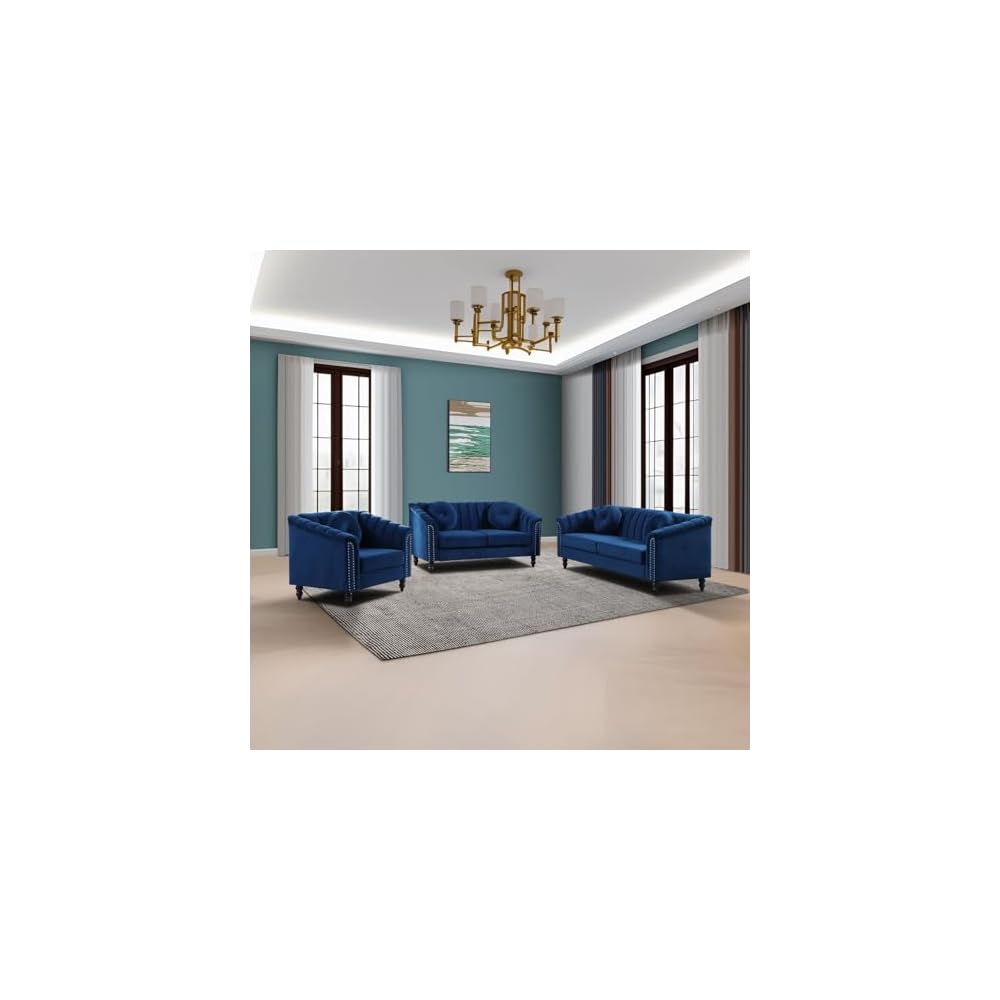 Moderno conjunto de sofá Chesterfield de terciopelo de lujo, sillón de franela, reposabrazos enrollados tapizados para sala de Estar, dormitorio, apartamento (Blue,3 Piece Set)