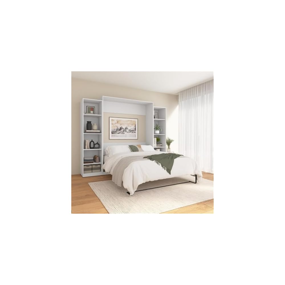 Pemberly Row Queen Murphy Bed with Closet Organizers, Engineered Wood, White Finish, Dual Piston Fold System, Storage Cabinets, Space-Saving Design, 85.63" H x 104.41" W x 91.16" D