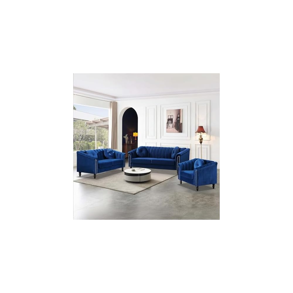 Moderno conjunto de sofá Chesterfield de terciopelo de lujo, sillón de franela, reposabrazos enrollados tapizados para sala de Estar, dormitorio, apartamento (Blue,3 Piece Set)