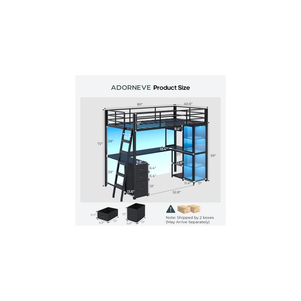 ADORNEVE Gaming Loft Bed Twin Size with U Shape Desk, Display Cabinet,Black