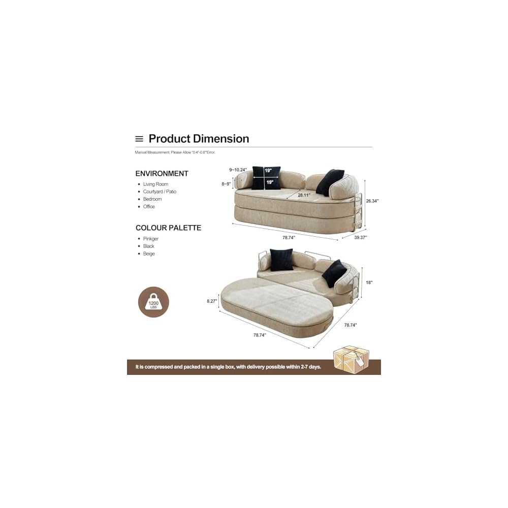 4-in-1 Folding Convertible Sofa Bed, 78 Inch Compression Oversized Corduroy Upholstered Boneless Couch with Fixed-Shape Frame, Loveseat Sleeper with Pull Out Bed, Modular Futon Couch,Beige