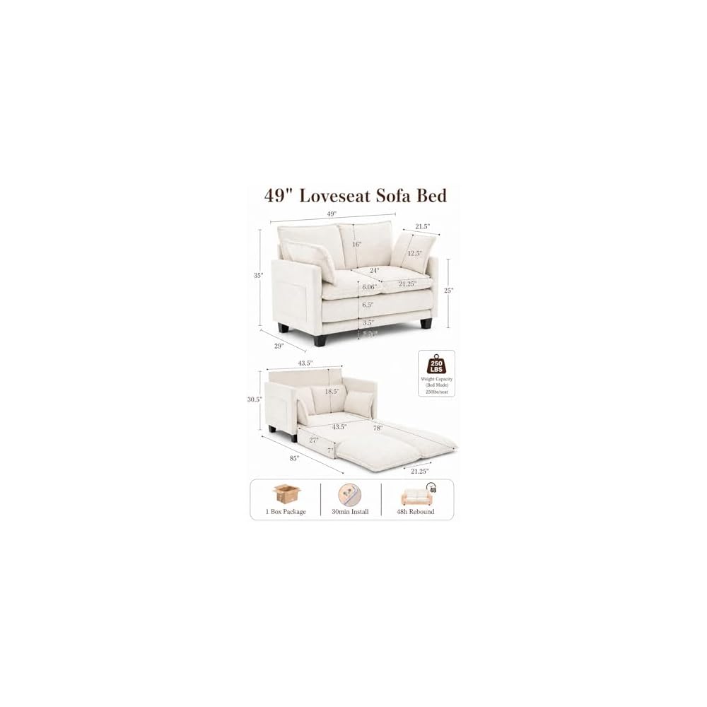 KYJ 49" Loveseat Sofa Bed, Convertible Pull Out Couch with Foldable Mattress, Small Love Seat for Bedroom, Dorm, RV & Apartment, Chenille Fabric, Not Twin Size, Beige