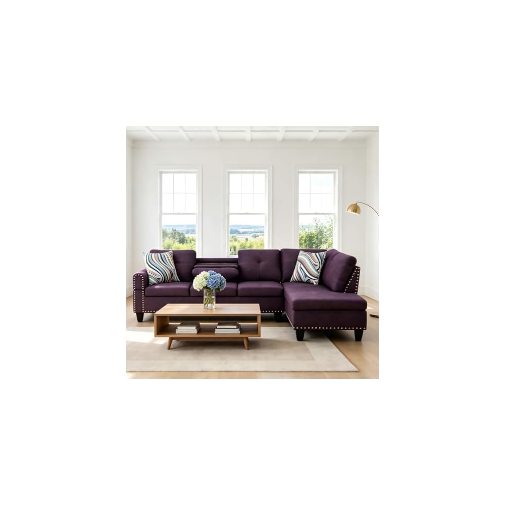 L-Shaped Sectional Sofa, Modern 4-Seat Couch with Built-in Cup Holders, Upholstered Fabric Sectional Couch with Right Facing Chaise for Living Room, Apartment, Office, Purple