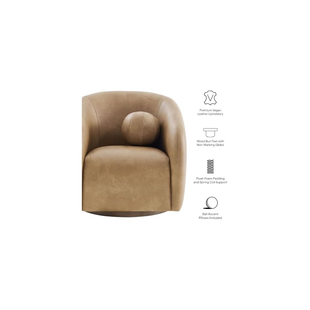 Modway Holland Curved Swivel Armchair in Toast – Vegan Leather Barrel Chair with Ball Throw Pillow and Wood Base – Mid-Century Modern Curved Living Room Accent Chair