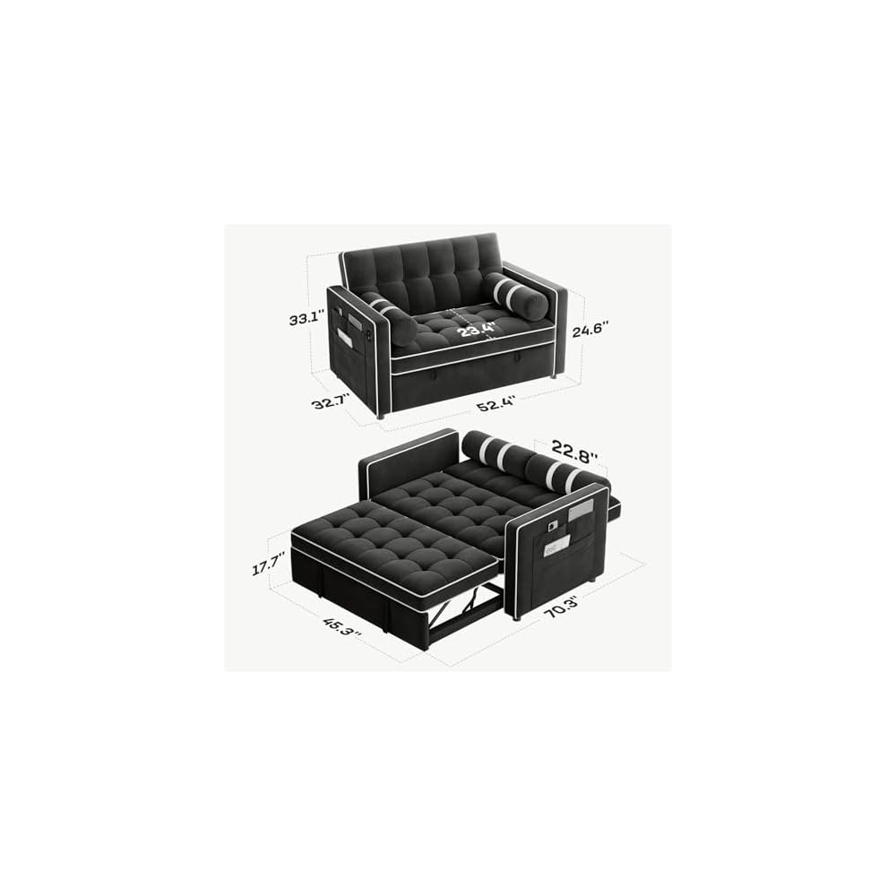Marsail 3-in-1 Futon Sleeper Sofa Bed, Convertible Pull Out Couch, Black