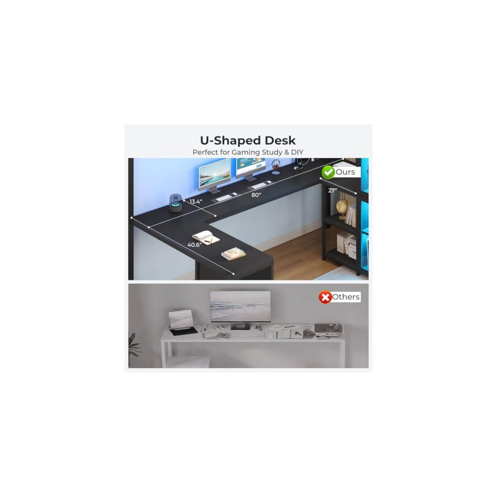 ADORNEVE Gaming Loft Bed Twin Size with U Shape Desk, Display Cabinet,Black