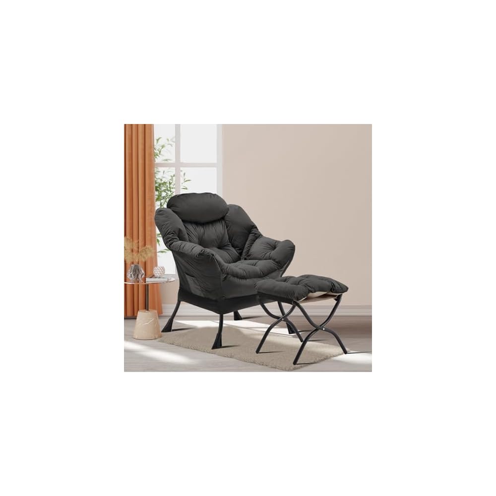 Youtanic Lazy Chair with Folding Ottoman, Accent Chair Velvet Upholstered with Metal Structure and Non-Slip Pads, Sofa Armchair with Footrest and Side Storage Bag for Dorm, Office, Charcoal