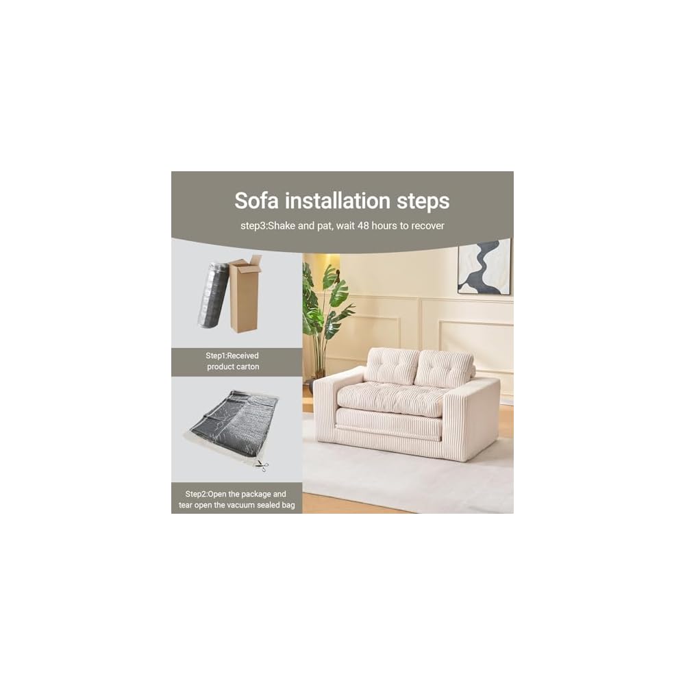 Fefances 55.1”Boneless Sofa Bed, 2-in-1 Convertible Loveseat & Folding Futon Couch, Small Space-Saving Design with Corduroy Fabric, for Living Room, Bedroom, Studio Apartment - Beige