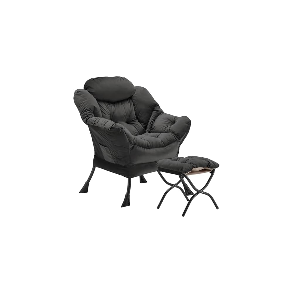 Youtanic Lazy Chair with Folding Ottoman, Accent Chair Velvet Upholstered with Metal Structure and Non-Slip Pads, Sofa Armchair with Footrest and Side Storage Bag for Dorm, Office, Charcoal