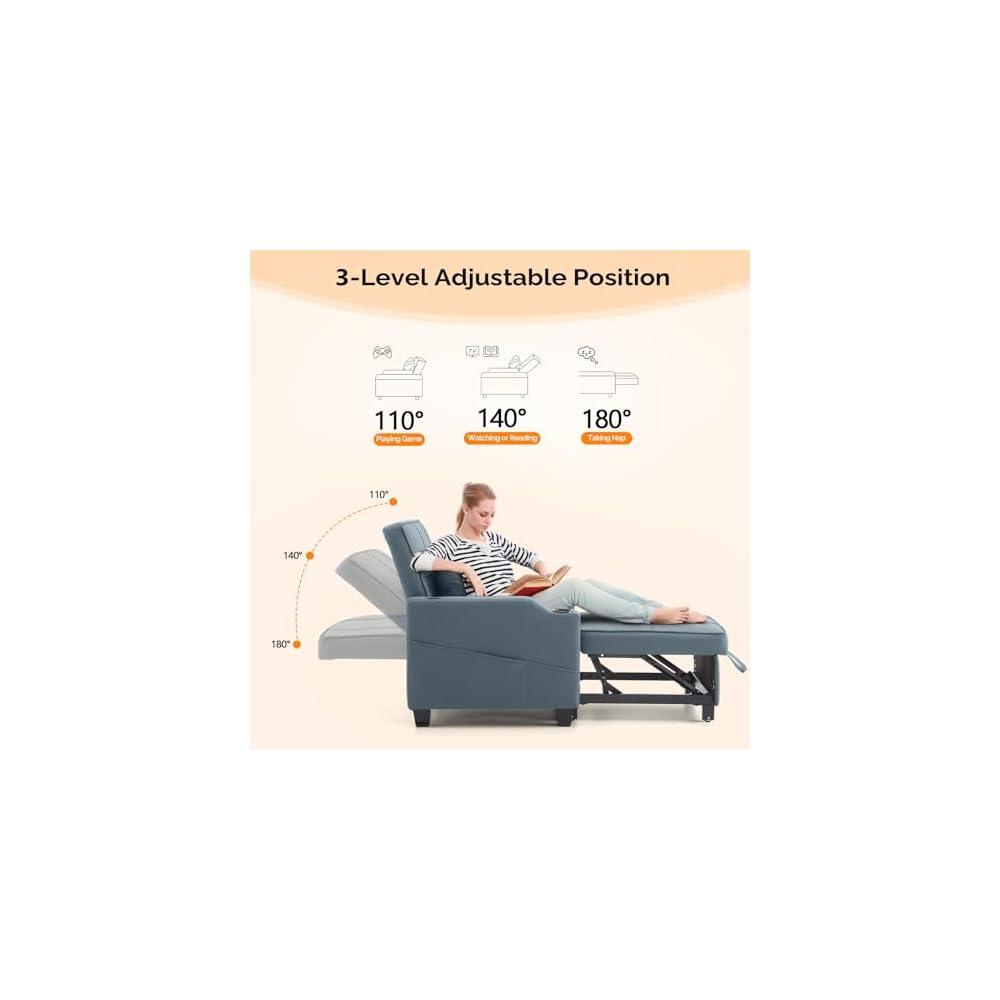 VINGLI 3-in-1 Convertible Sofa Bed, Recliner with Adjustable Backrest, USB Ports, Cup Holders for Small Spaces, Living Room