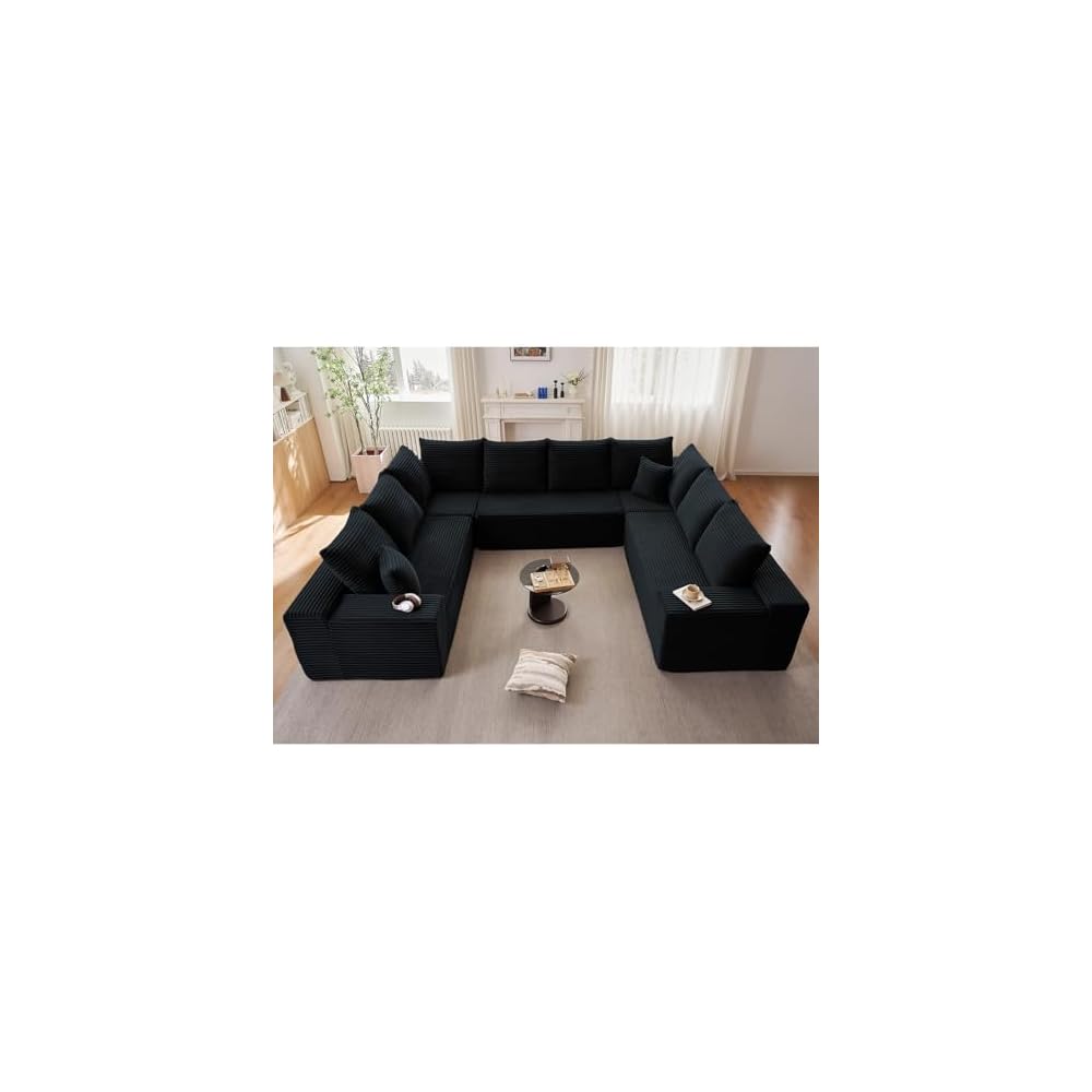 Sectional Cloud Couch for Living Room, Modular Floor Deep-Seat Sofa, Big Comfy Corduroy Couches Set with Fluffy Memory Foam, Stupendous U Shaped Sofas with 12 Pillows, No Assembly Required, Black