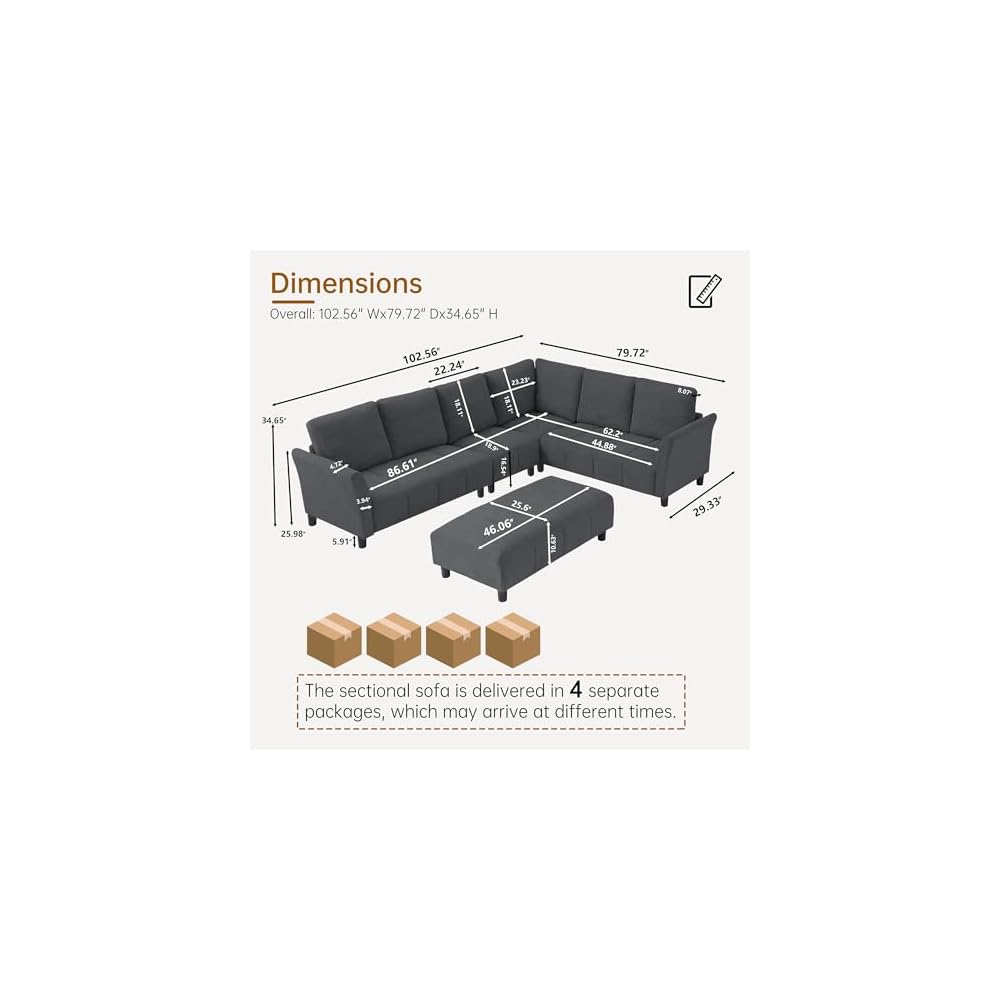 Modular Sectional Sofa, L-Shaped Sectional Couch with Movable Ottoman, Removable Covers, Comfy Sectionals Set for Living Room,Office (Dark Grey, 6-Seats)