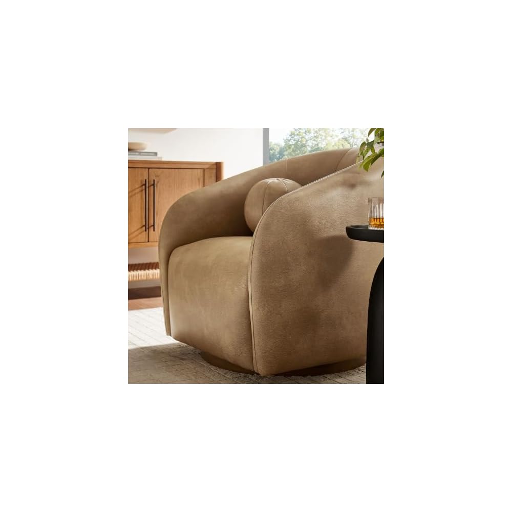 Modway Holland Curved Swivel Armchair in Toast – Vegan Leather Barrel Chair with Ball Throw Pillow and Wood Base – Mid-Century Modern Curved Living Room Accent Chair