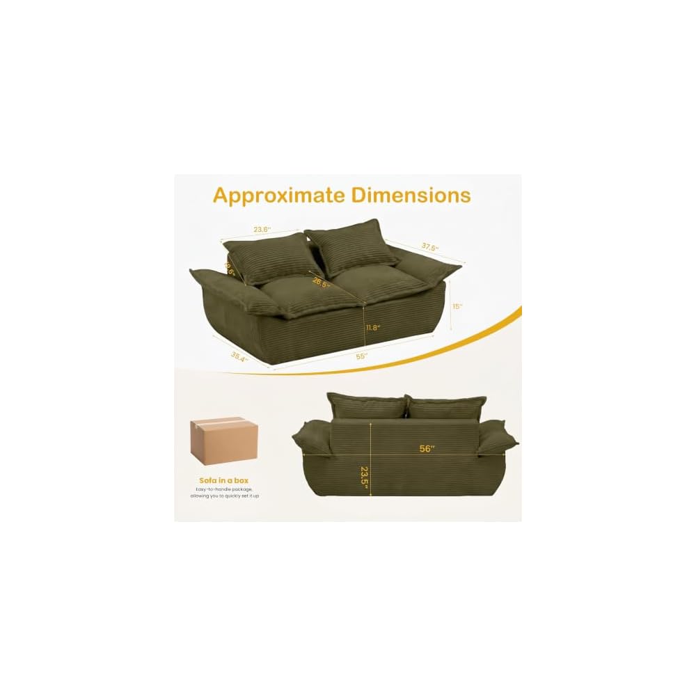 56" Boneless Loveseat, 2-Seater Green Boneless Sofa with Removable Cushions & 2 Pillows, Small Boneless Couch Deep Seat Compress Foam Sofa for Living Room, Apartments, & Office