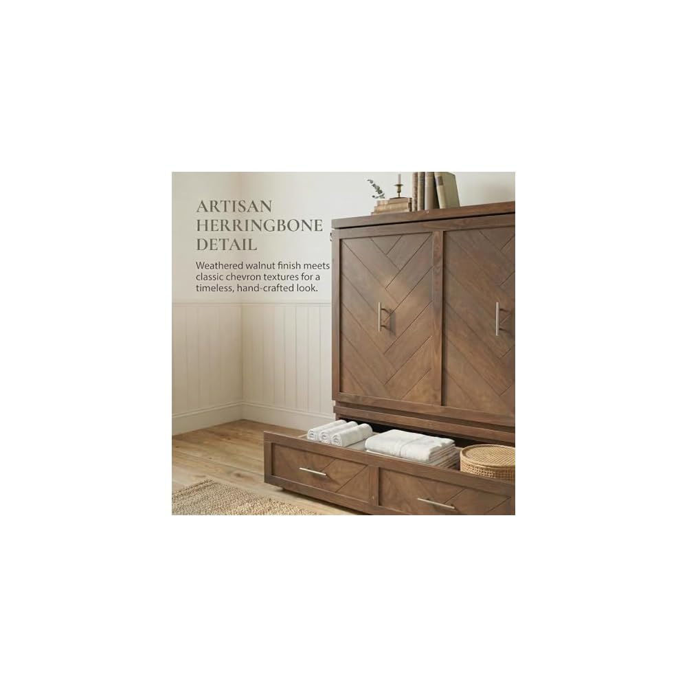 DNYN Queen Size Murphy Bed with Storage Drawer and Built-in Charging Station for Bedroom/Guest Room, Space-Saving Foldable Pine Wood Cabinet Bed with USB Ports, No Box Spring Needed
