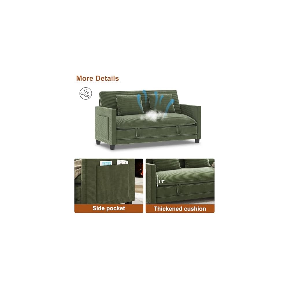 XVD 65 Inch Convertible Loveseat Sleeper Sofa Bed with Storage Pockets & 2 Pillows - 2-in-1 Folding Couch for Small Spaces, Modern Corduroy Loveseat for Apartment, Living Room, Guest Room, Green