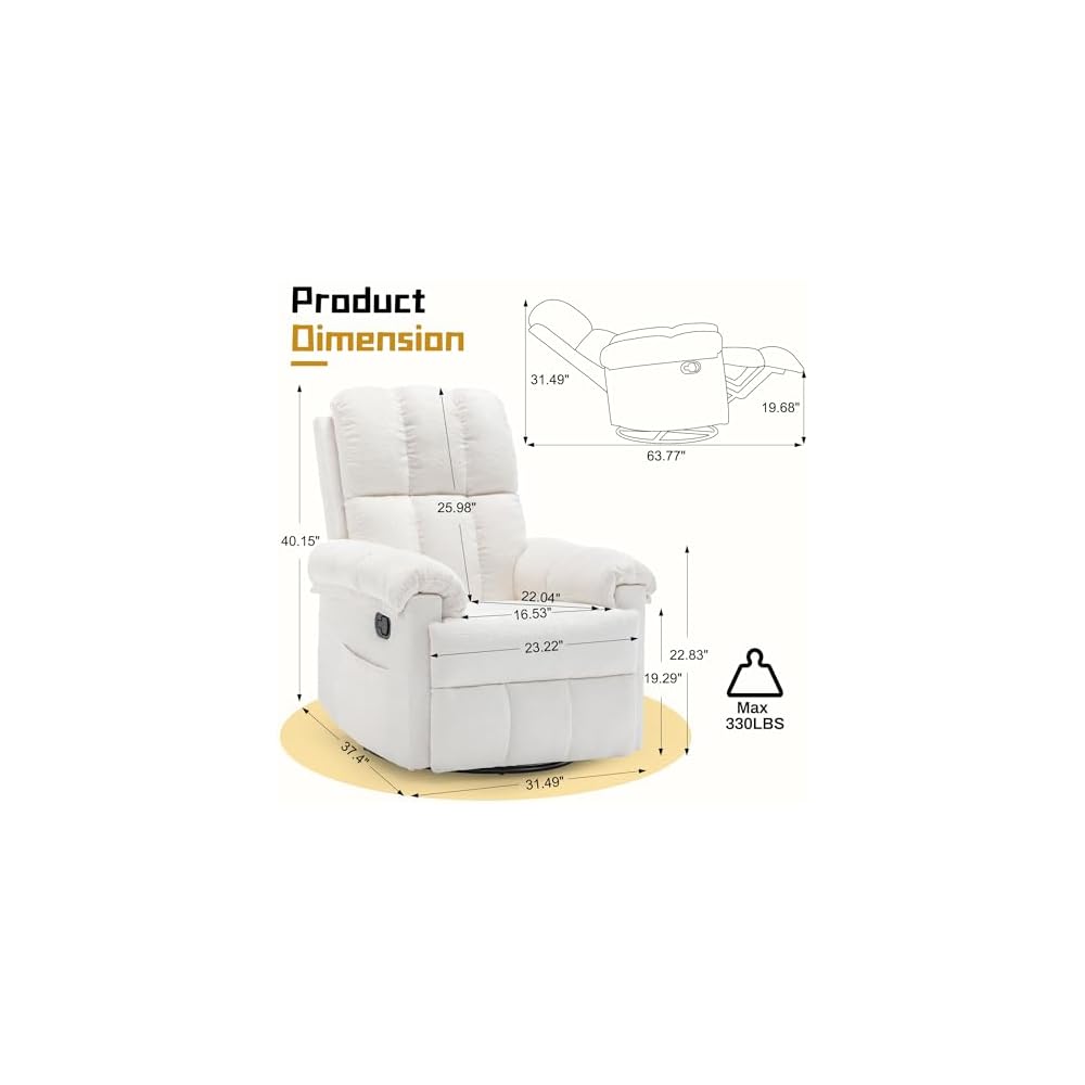 Korser Recliner Chair, Swivel Rocker Recliner Chair for Adults, Small Recliners for Small Spaces, Upholstered Manual Recliner with Side Pockets, Nursery Rocking Chair for Living Room, Chenille, Beige
