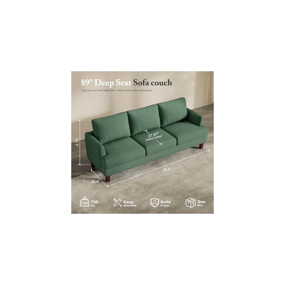 Busaurus Sofa Couches for Living Room, 3 Seater 89" Deep Seat Couch, Green