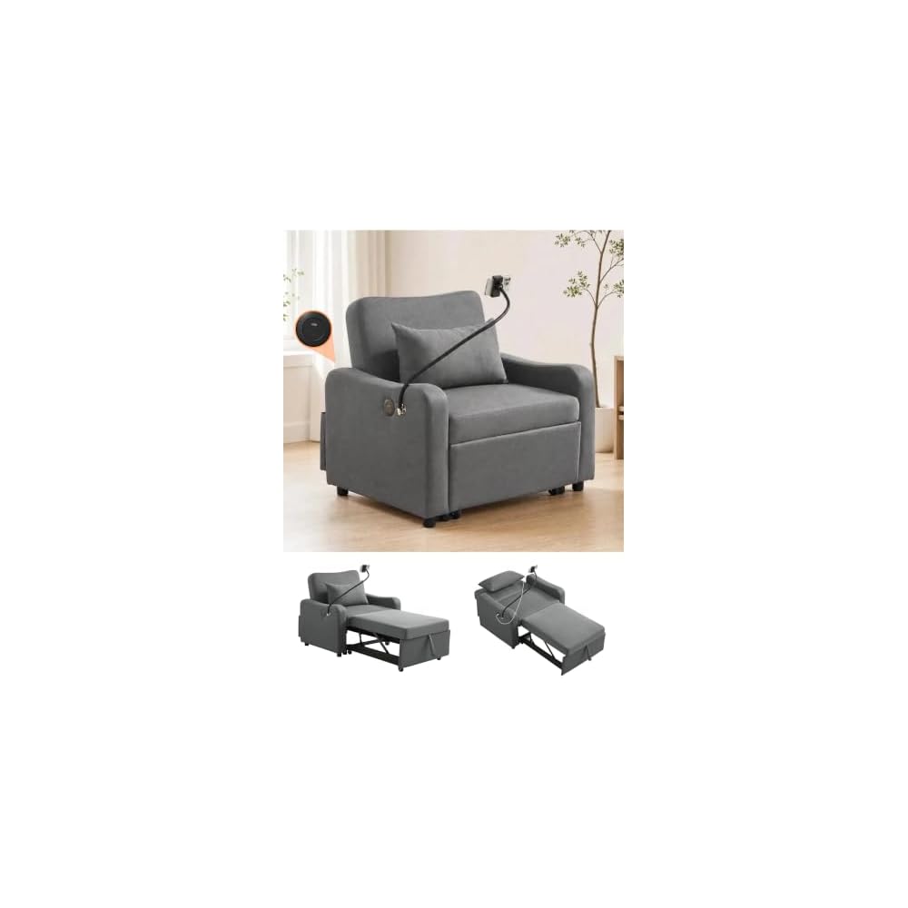 Convertible Sofa Chair Bed, 3-in-1 Pull Out Sleeper Chair, Dark Gray