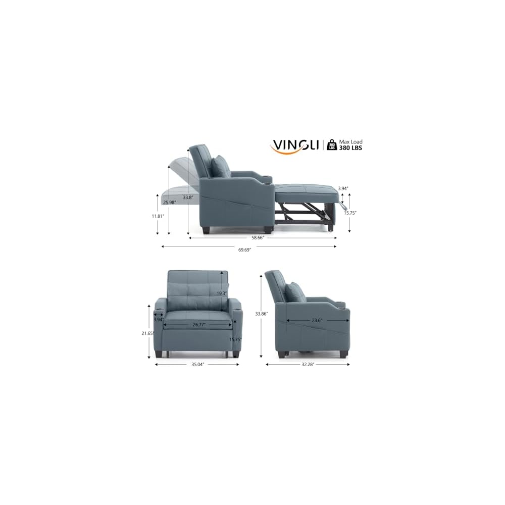 VINGLI 3-in-1 Convertible Sofa Bed, Recliner with Adjustable Backrest, USB Ports, Cup Holders for Small Spaces, Living Room