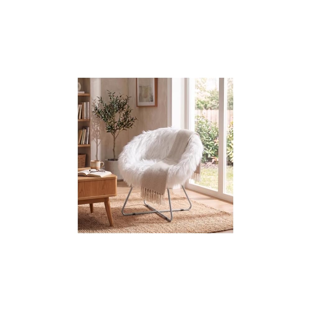 BIRDROCK HOME Faux Fur Saucer Chair - Oversized Comfy Cushion Lounge Chair with Metal Legs - Cozy Fuzzy Seat, Fluffy Round, and Lightweight Moon Chair or for Bedroom, Dorm or Patio (Pink)