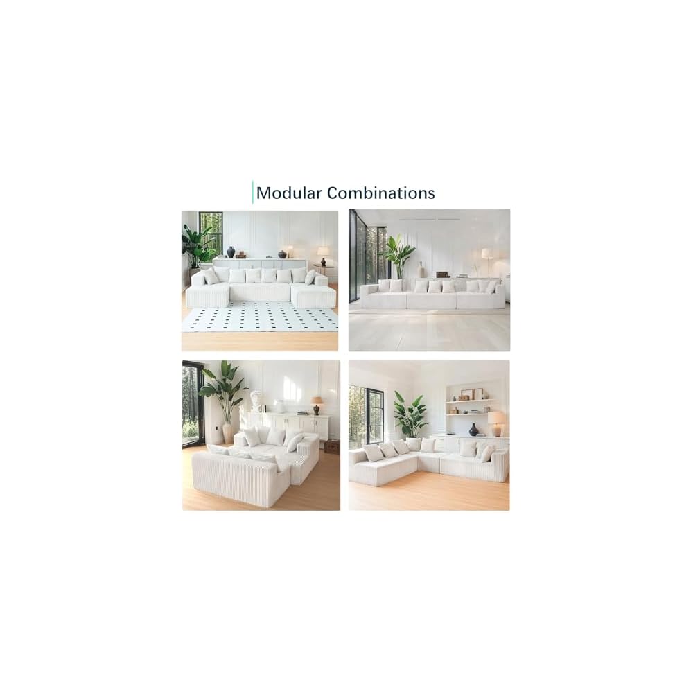 130" Boneless Couch, Cloud Couch Sectional, Corduroy Sofa for Living Room, U Shaped Modular Sofa with Chaise, No Assembly, 4 Seats Oversized (White)