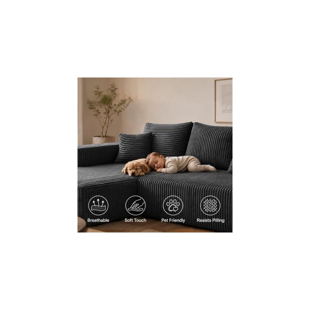 132" Modular Sectional Couch, U Shaped Boneless Corduroy Cloud Sofa