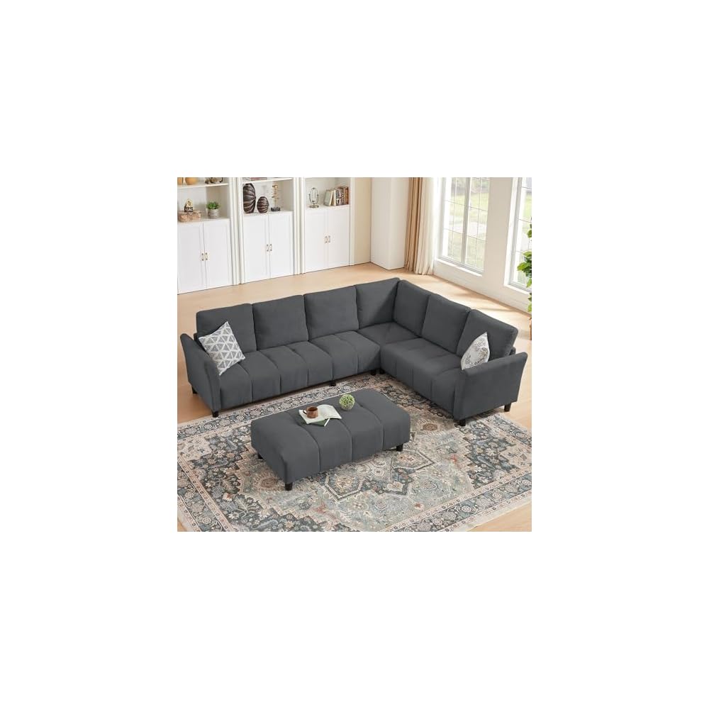 Modular Sectional Sofa, L-Shaped Sectional Couch with Movable Ottoman, Removable Covers, Comfy Sectionals Set for Living Room,Office (Dark Grey, 6-Seats)