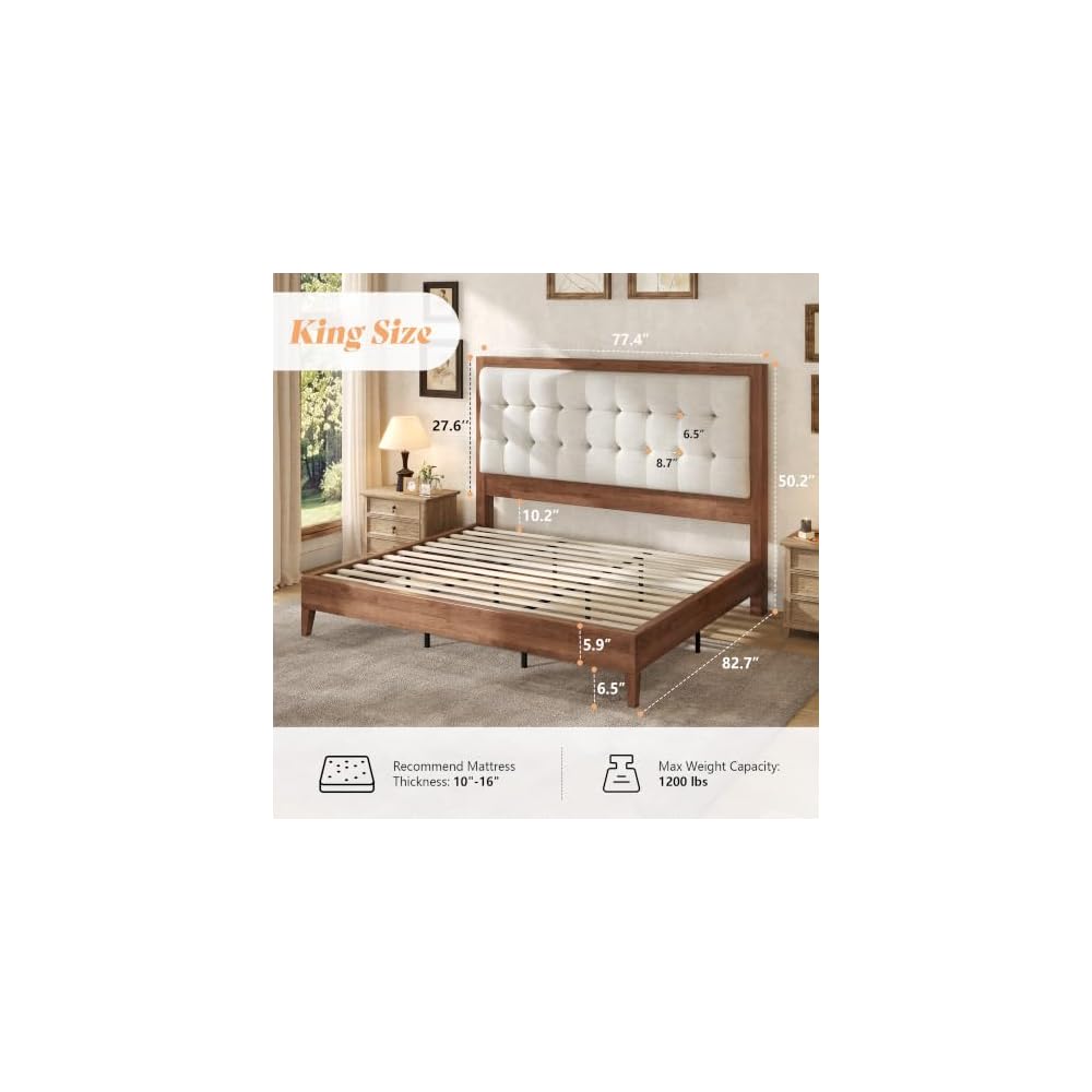 AMERLIFE Solid Wood King Bed Frame 50.2" Upholstered Headboard, Walnut