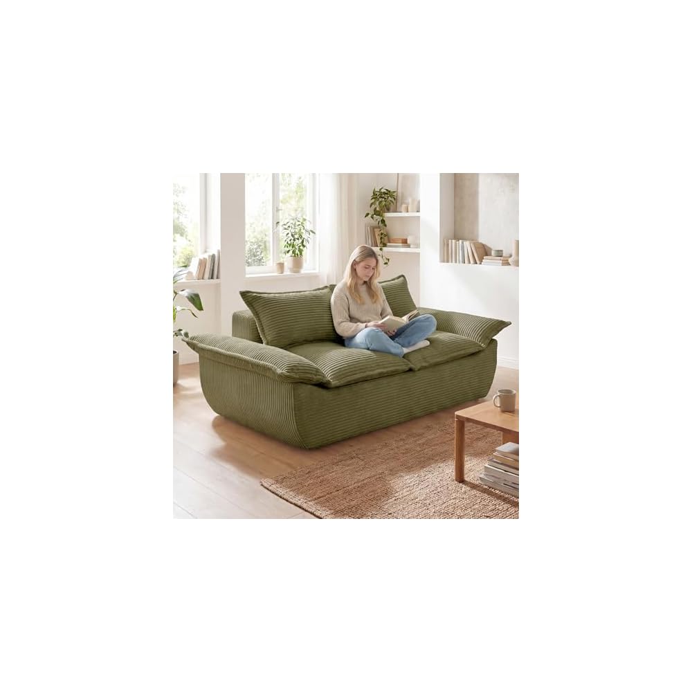 56" Boneless Loveseat, 2-Seater Green Boneless Sofa with Removable Cushions & 2 Pillows, Small Boneless Couch Deep Seat Compress Foam Sofa for Living Room, Apartments, & Office