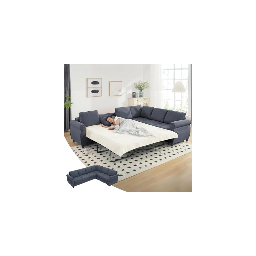 6-Seater L-Shaped Sectional Sleeper Sofa King Size, Pull Out Couch, Grey
