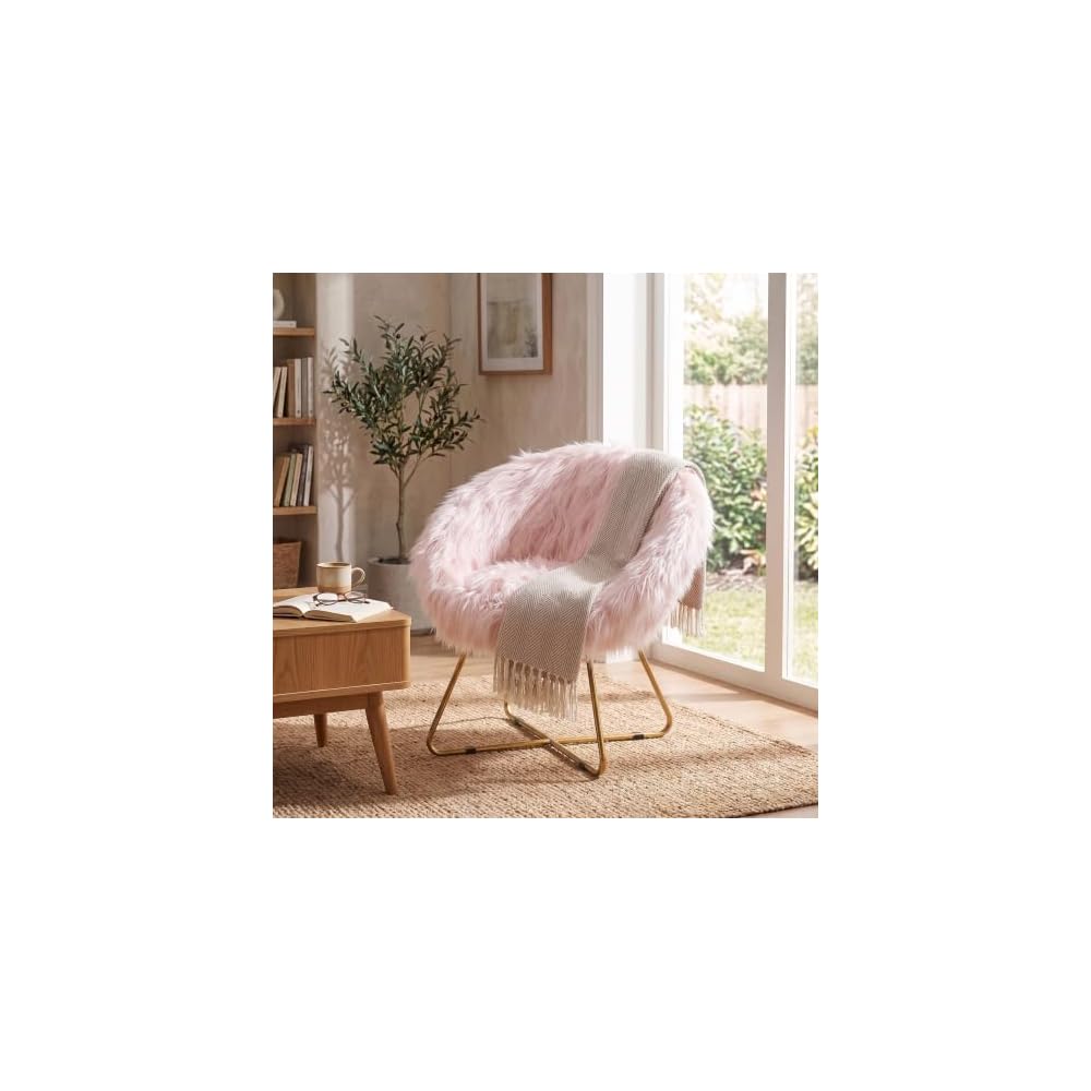 BIRDROCK HOME Faux Fur Saucer Chair - Oversized Comfy Cushion Lounge Chair with Metal Legs - Cozy Fuzzy Seat, Fluffy Round, and Lightweight Moon Chair or for Bedroom, Dorm or Patio (Pink)
